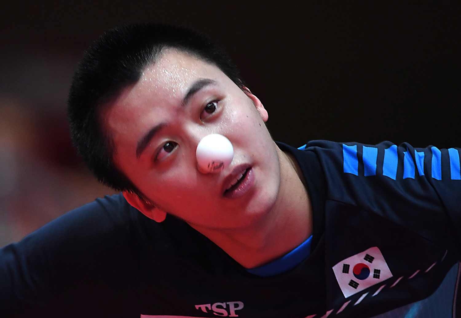 Petenis meja Korea Selatan Jeoung Young Sik melakukan servis ke arah lawannya petenis meja Iran Alamiyan Daronkolaei Noshad pada babak penyisihan tunggal putra Tenis Meja Asian Games 2018 di JIExpo Kemayoran, Jakarta, Jumat (31/8).